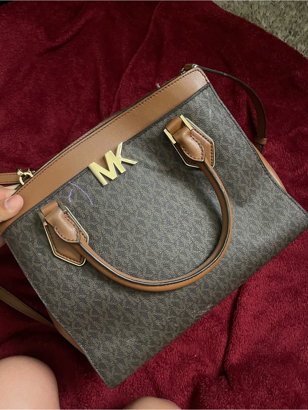 Michael Kors Brown Signature MK Satchel with Tan Trim